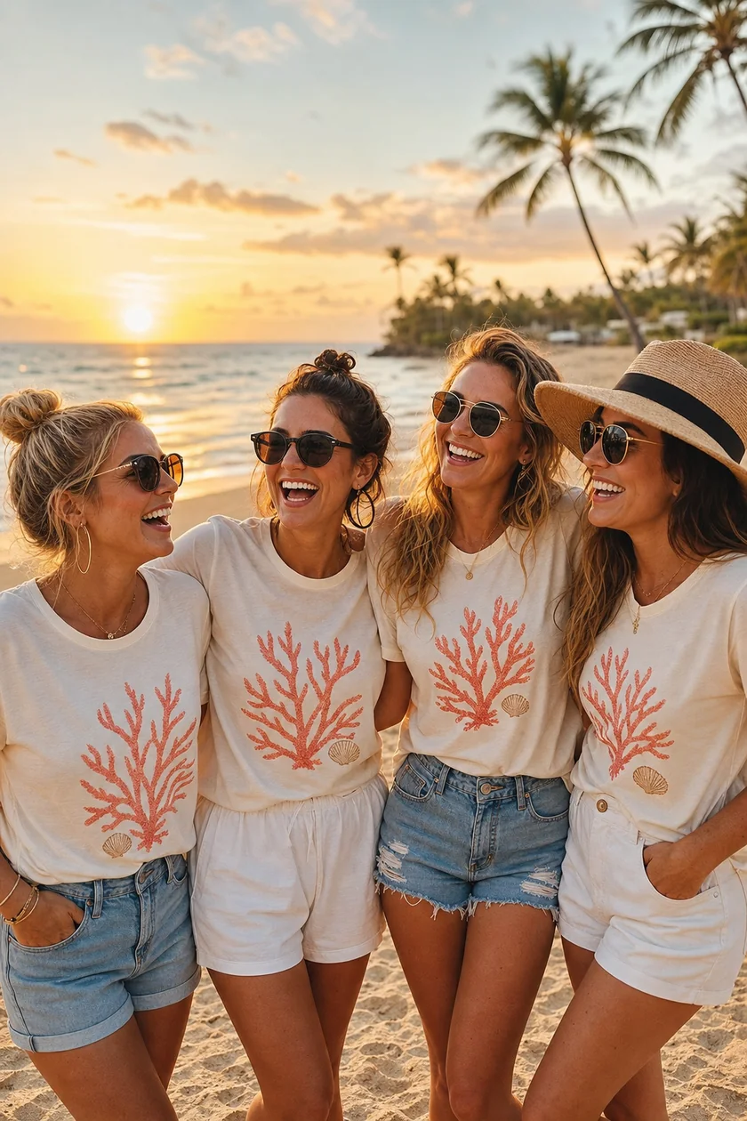 Friends on a girls' trip in matching printed vacation shirts